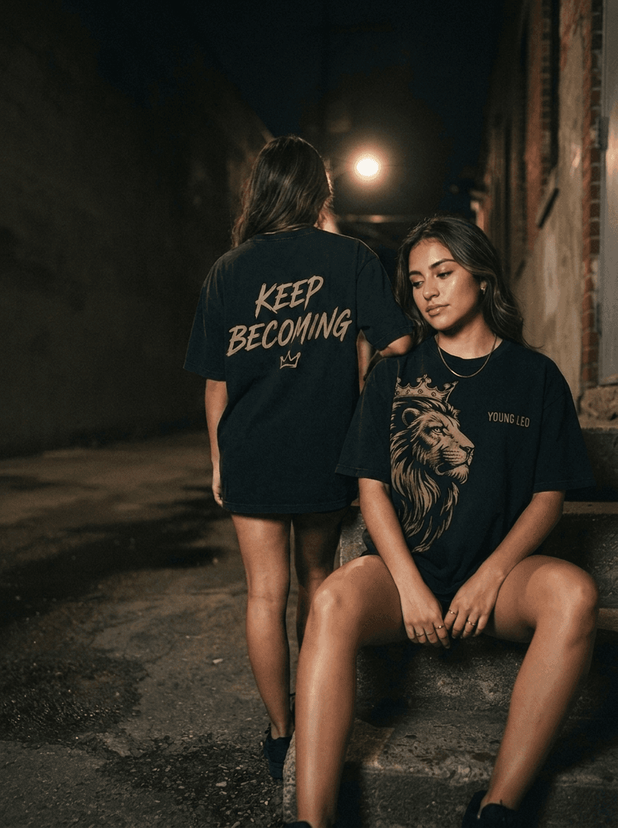 Young Leo — two women in The Becoming Tee, Keep Becoming back print and crowned lion front print
