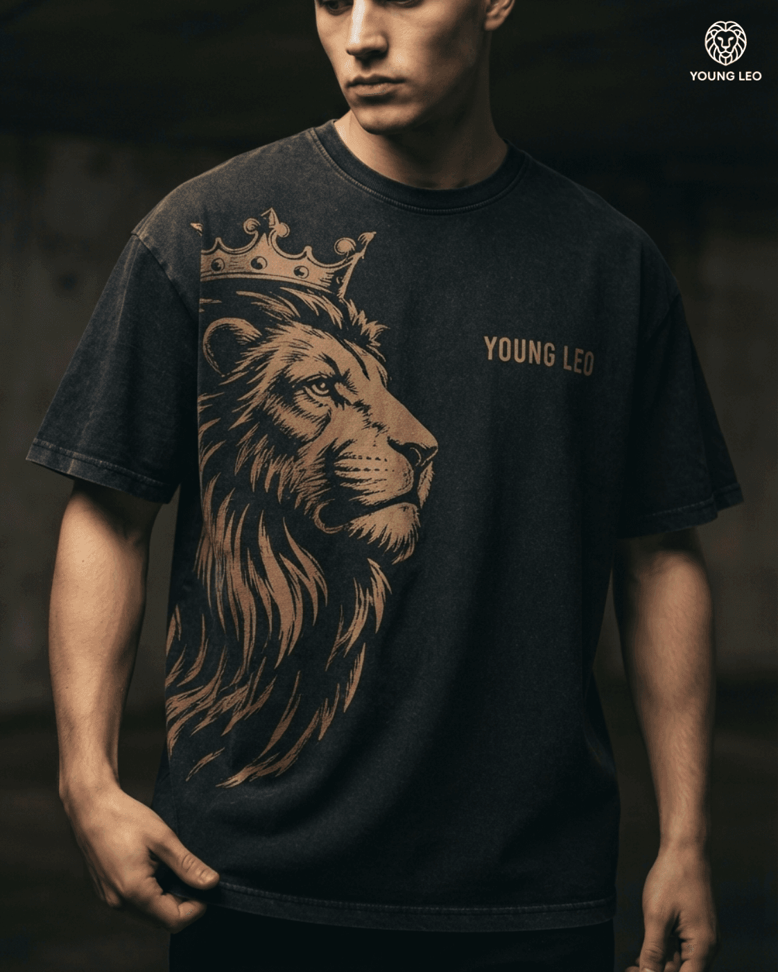 Young Leo campaign — lion front print on a washed black tee