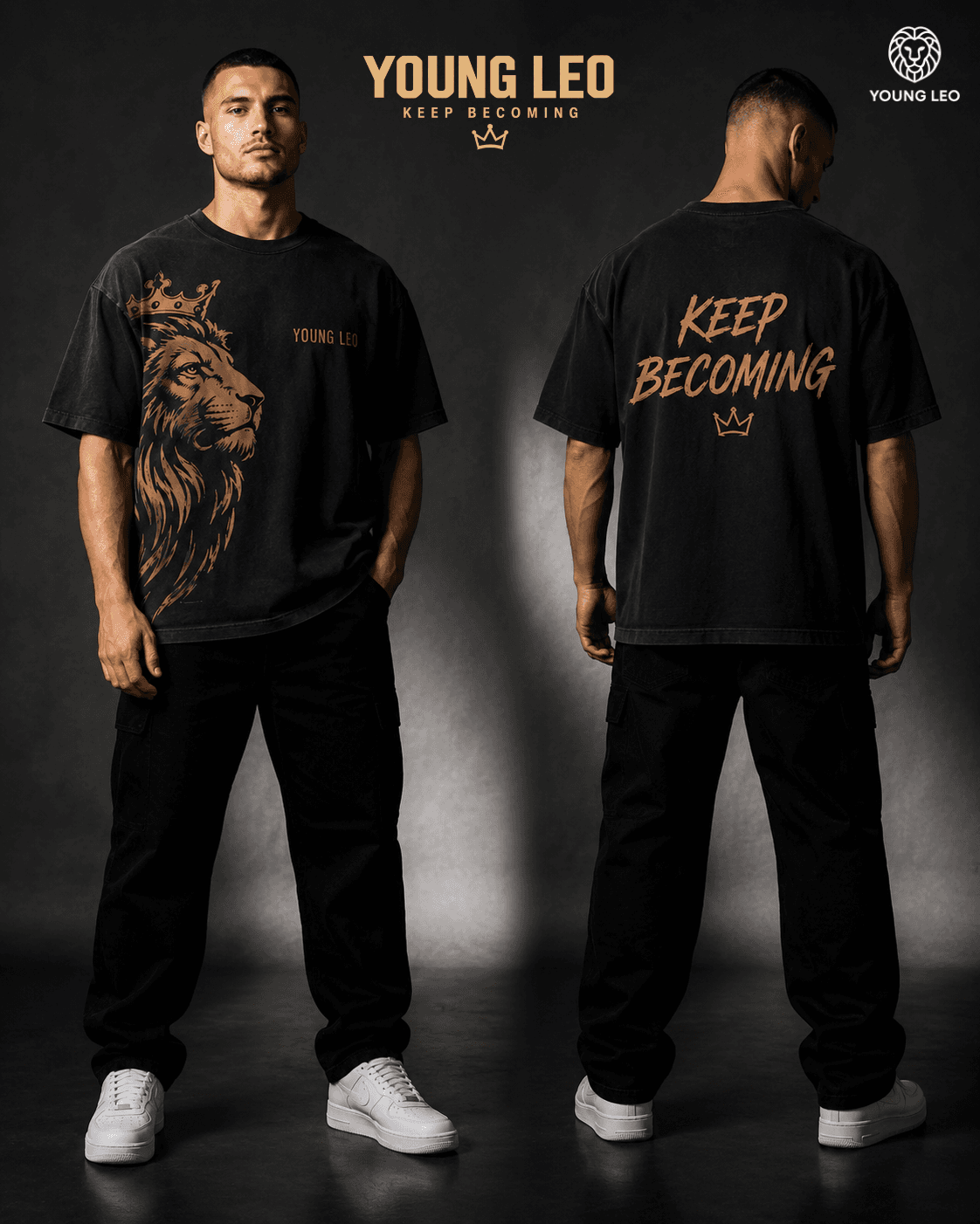 Young Leo The Becoming Tee — front and back, studio