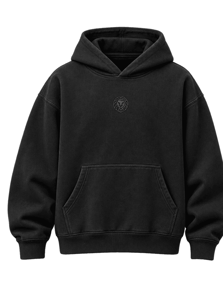 The Becoming Hoodie — front, tonal lion crest on black (concept render)